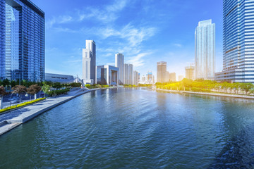 Fototapeta na wymiar Modern buildings and river in urban city,tianjin china
