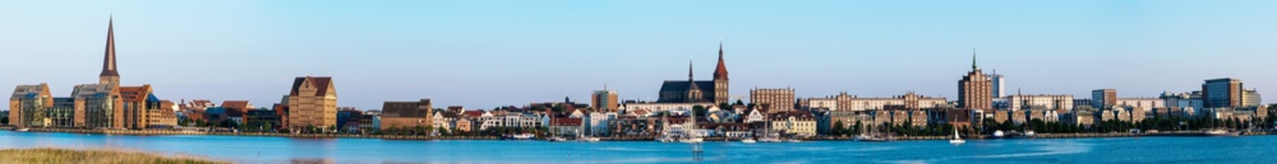 Fototapeta na wymiar Panorama view to Rostock. River Warnow and City port.