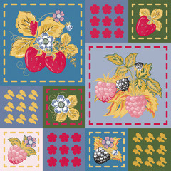 Patchwork background with strawberries and raspberries. Seamless vector pattern.