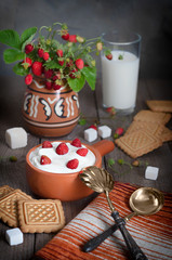 Wild strawberry with cream, cookies and milk, the old rough boards.