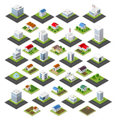 Isometric set of icons isolated town homes, skyscrapers, factories, trees, gardens and streets