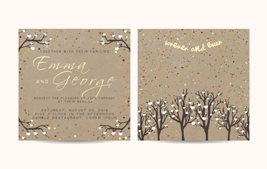 beautiful wedding invitation set with trees and branches, decora