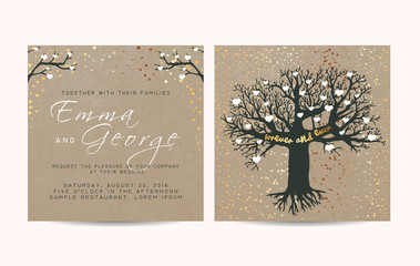 Fototapeta na wymiar beautiful wedding invitation set on kraft paper, decorated with