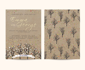 beautiful wedding invitation set with trees and branches, decora