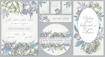 Set of templates for celebration, wedding. Vector illustration of flowers. Backgrounds with beautiful peonies. 