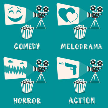 Movie genres poster. Cartoon vector illustration. Film projector and popcorn