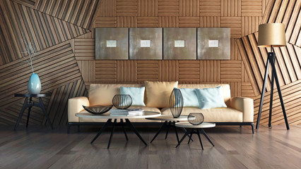 Modern interior design of living room 3D rendering