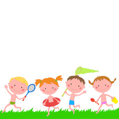 Children running on the grass with items for rest