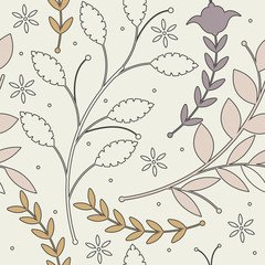 Seamless  pattern with soulful colorful plants on ivory backgrou