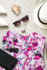 Obraz na płótnie Canvas women summer accessories: dress, sunglasses, hat
