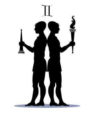 Twin brothers Dioscuri - Castor and Pollux, the ancient Greek gods, astrological sign Gemini, holding torches in hands, extinguished & hot, hats in the shape of egg, from which they were born.