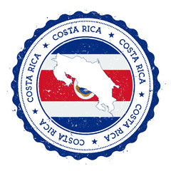 Costa Rica map and flag in vintage rubber stamp of state colours. Grungy travel stamp with map and flag of Costa Rica. Country map and flag vector illustration.