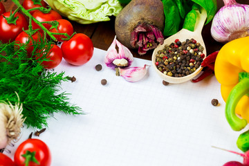Beautiful background healthy organic eating. Studio photography the frame of different vegetables and mushrooms with a white sheet of paper on the old brown boards with free space
