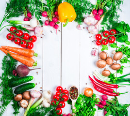 Beautiful background healthy organic eating. Studio photography the frame of different vegetables and mushrooms on the white boards with free space for you text