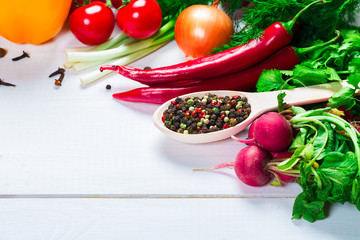 Beautiful background healthy organic eating. Studio photography the frame of different vegetables and mushrooms on the white boards with free space for you text