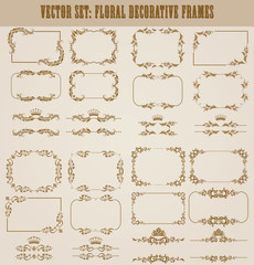 Vector set of decorative hand drawn border, divider, frame with floral elements for design of invitation, greeting, wedding, gift card, certificate, diploma, voucher. Page decoration in vintage style