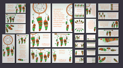 Fototapeta na wymiar Vector set of abstract ethnic flyers with arrows, dreamcatcher, feather frames. Boho design brochure templates.