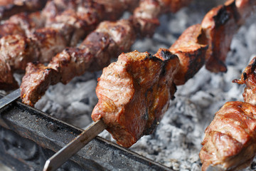 Beef kebab. Fresh meat at grill, bbq