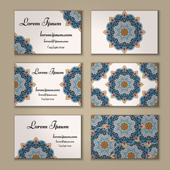 visiting and business card set with mandala. Abstract oriental design layout. Front  back page.