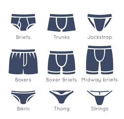 Male underwear types flat silhouettes vector icons set. Man briefs fashion styles. Front view. Underclothes infographic design elements. Classic briefs, boxers, trunks, bikini, string, thong. Isolated