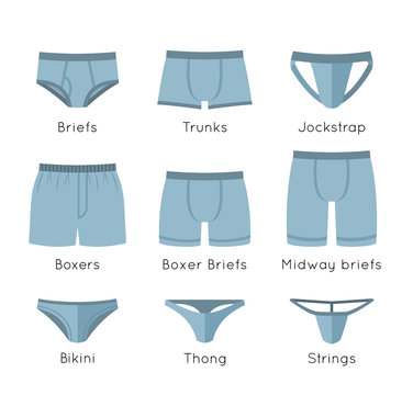 Male underwear types flat vector icons set. Modern man briefs fashion styles collection. Front view. Underclothes infographic design elements. Classic briefs, boxers, trunks, bikini, strings, thong