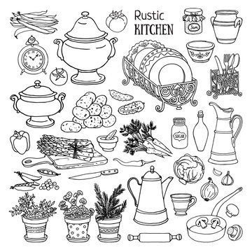 Doodle sketch of country dishes and vegetable on the table isolated white background.