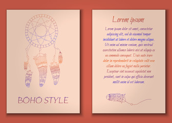 Invitation card set in boho style with tribal feathers, beads and dreamcatcher.