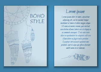 Invitation card set in boho style with tribal feathers, beads and dreamcatcher.