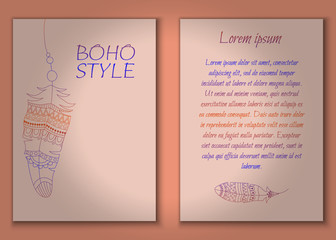 Invitation card set in boho style with tribal feathers, beads and dreamcatcher.