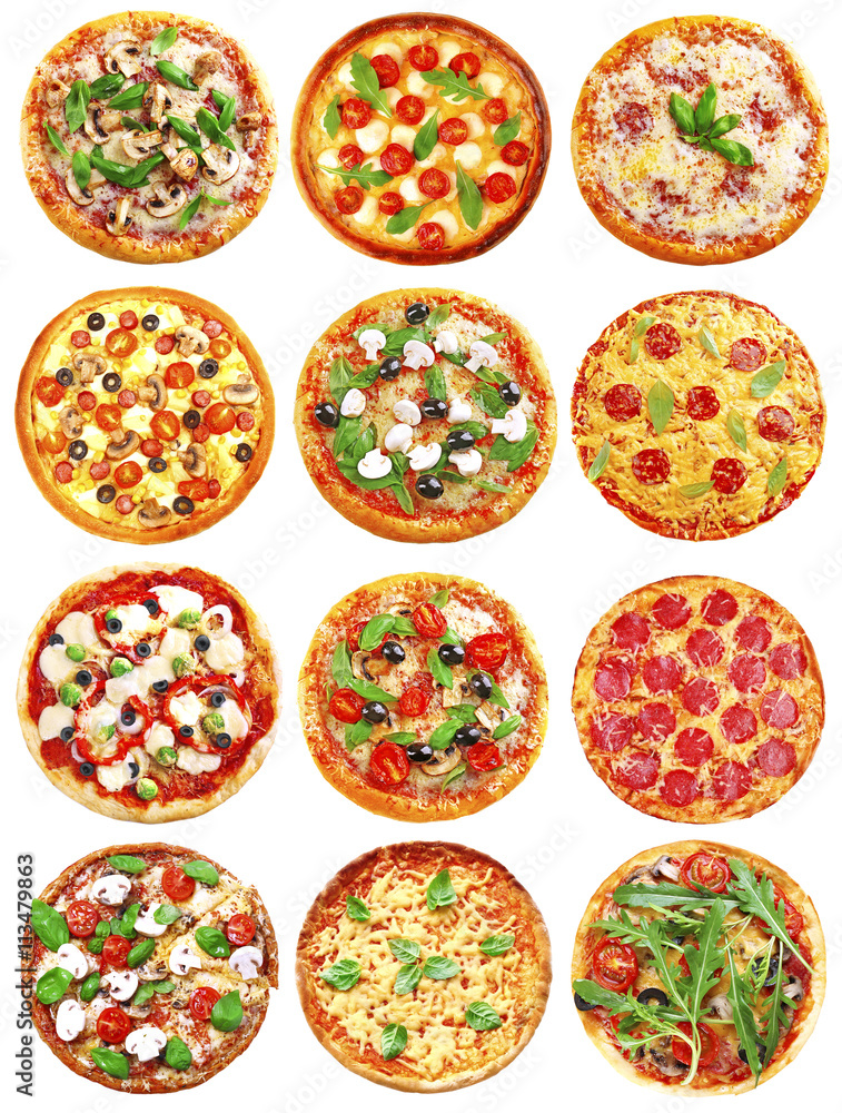 Poster set of different pizzas isolated on white