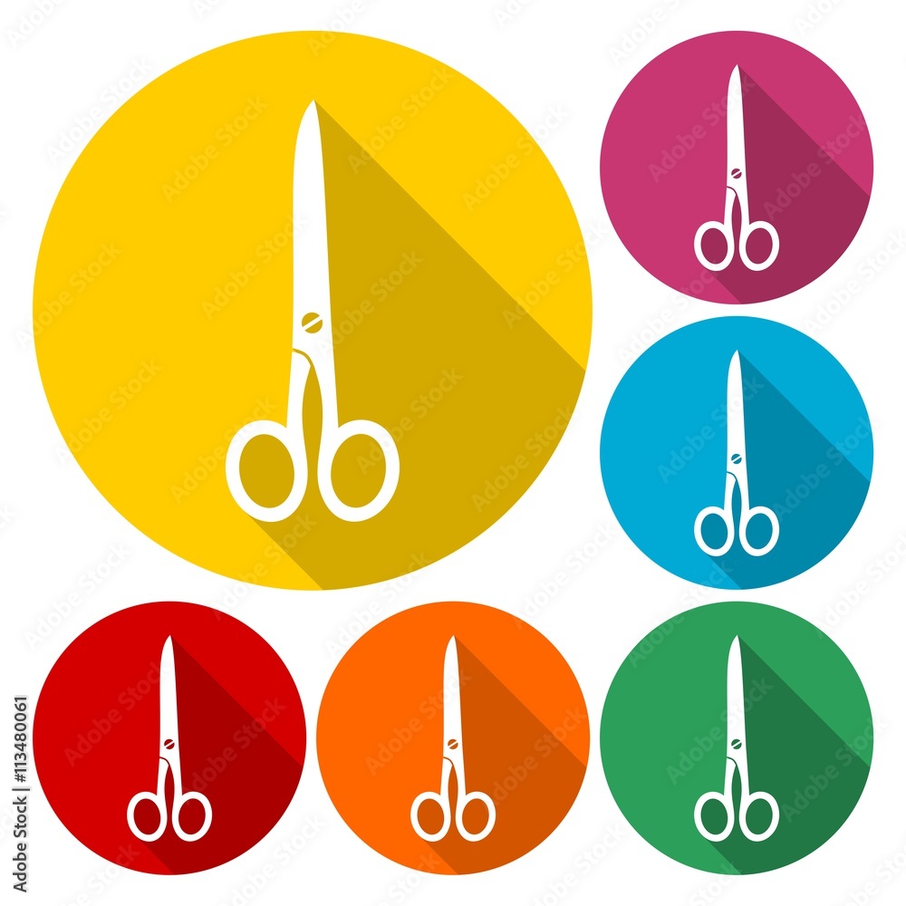 Poster scissors symbol icons set with long shadow