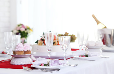 Beautiful served table for wedding or other celebration in restaurant