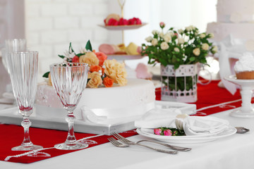 Beautiful served table for wedding or other celebration in restaurant