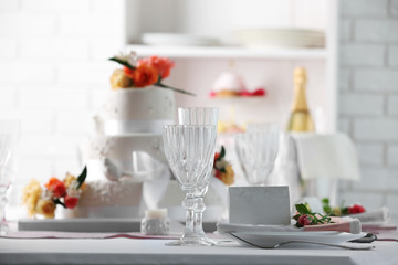 Beautiful served table for wedding or other celebration in restaurant