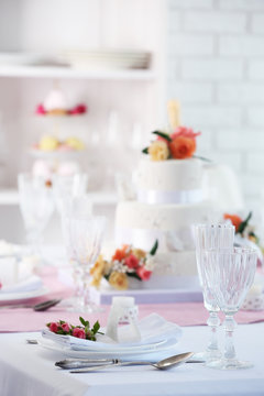 Beautiful served table for wedding or other celebration in restaurant