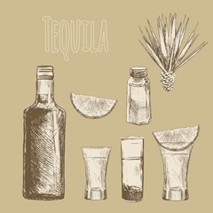 Glass and botlle of tequila.