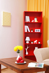 Modern interior design. Living room with sofa and bookcase
