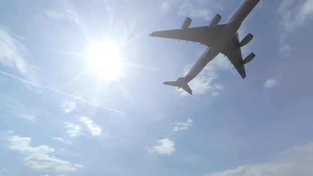 Flying Airbus A340-600 airliner with no logos. 4K sunny weather footage