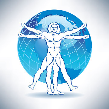 A stylized drawing of vitruvian man with a globe in the background