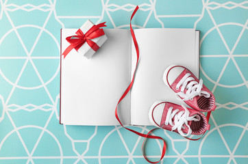 Fototapeta premium Baby boots and notebook , top view