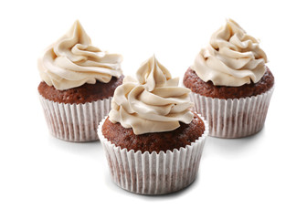 Tasty chocolate cupcakes, isolated on white