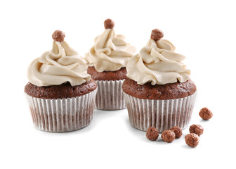 Tasty chocolate cupcakes, isolated on white