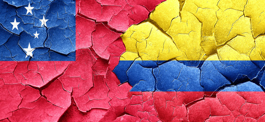 Samoa flag with Colombia flag on a grunge cracked wall