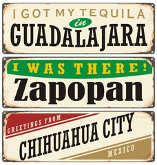 Vintage metal signs collection with Mexico cities