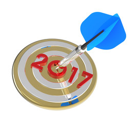 Dart hitting target - New Year 2017. 3D illustration.
