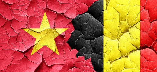 Vietnam flag with Belgium flag on a grunge cracked wall