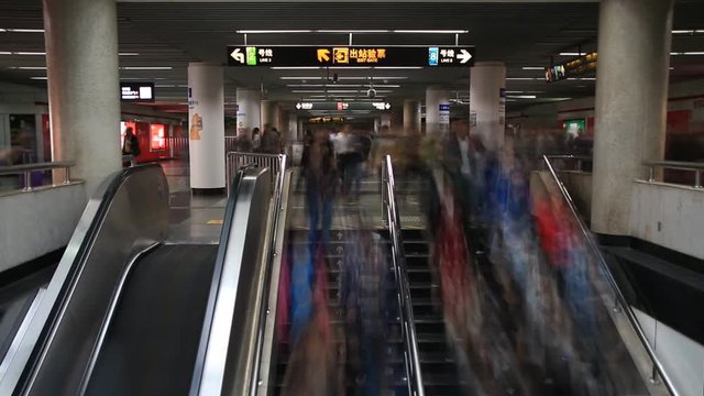 Time lapse of crowds of people in the subway station in Shanghai, China