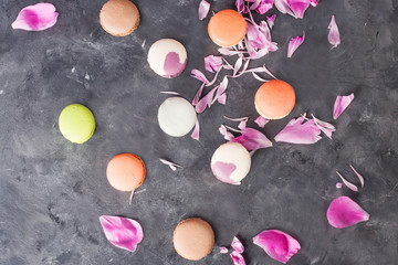 Colorful french cookies macaroons  grey background. Space for text. Closeup. Top view. Concept of the baking macaroons