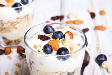 Healthy dessert with yogurt, nuts, oats and blueberries