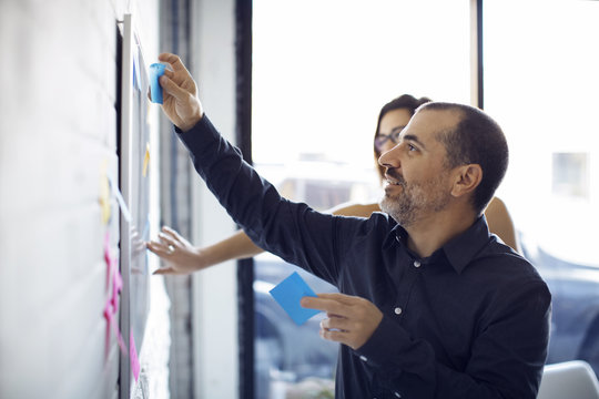 Businessman sticking adhesive notes on whiteboard in office